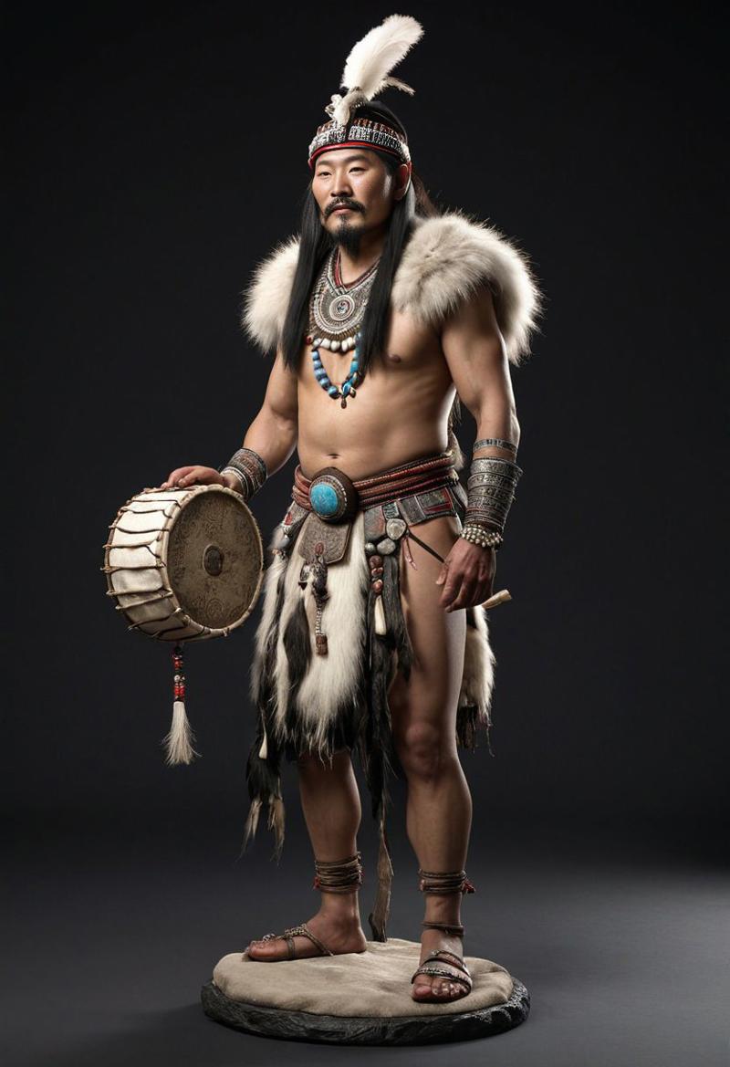 20793-2100404953-mountain medieval mongolian shaman in a fur and bone and drum, 1man standing, (full body_1.5), hero pose,exaggerated proportions.jpg